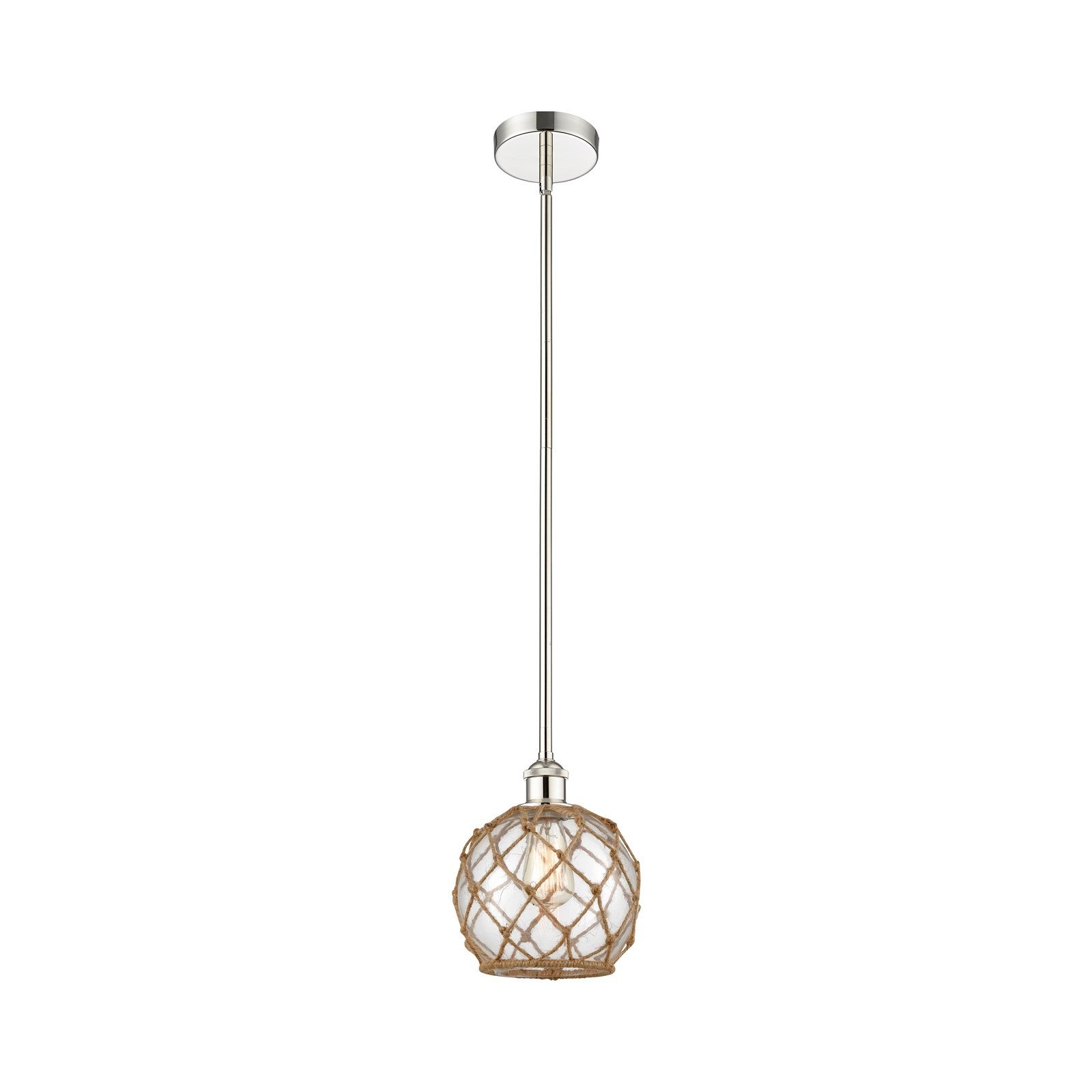 Innovations Farmhouse Rope 8in 1-Light Mini Pendant | Industrial Polished Nickel Steel and Clear Glass with Brown Rope | Model 616-1S-PN-G122-8RB-LED