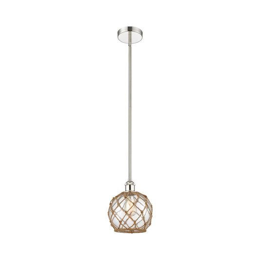 Innovations Farmhouse Rope 8in 1-Light Mini Pendant | Industrial Polished Nickel Steel and Clear Glass with Brown Rope | Model 616-1S-PN-G122-8RB-LED