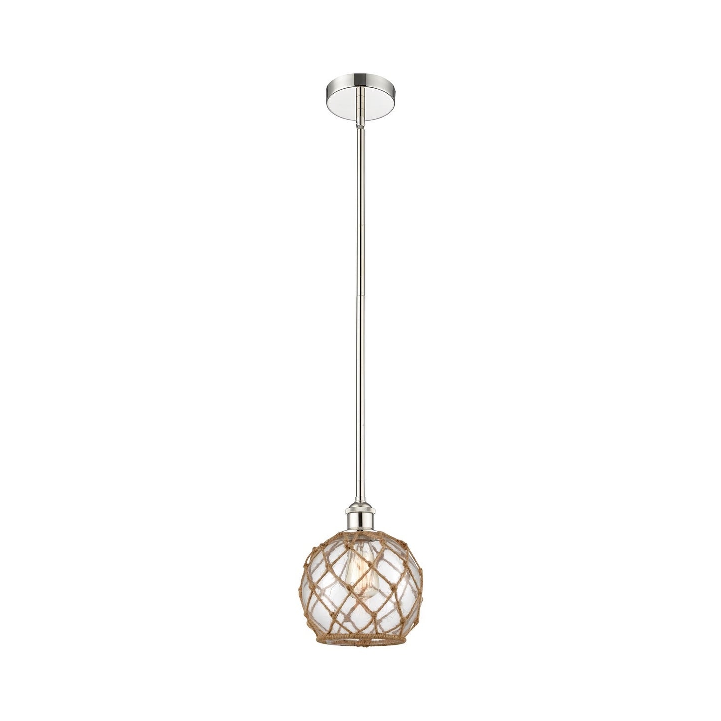 Innovations Farmhouse Rope 8in 1-Light Mini Pendant | Industrial Polished Nickel Steel and Clear Glass with Brown Rope | Model 616-1S-PN-G122-8RB-LED