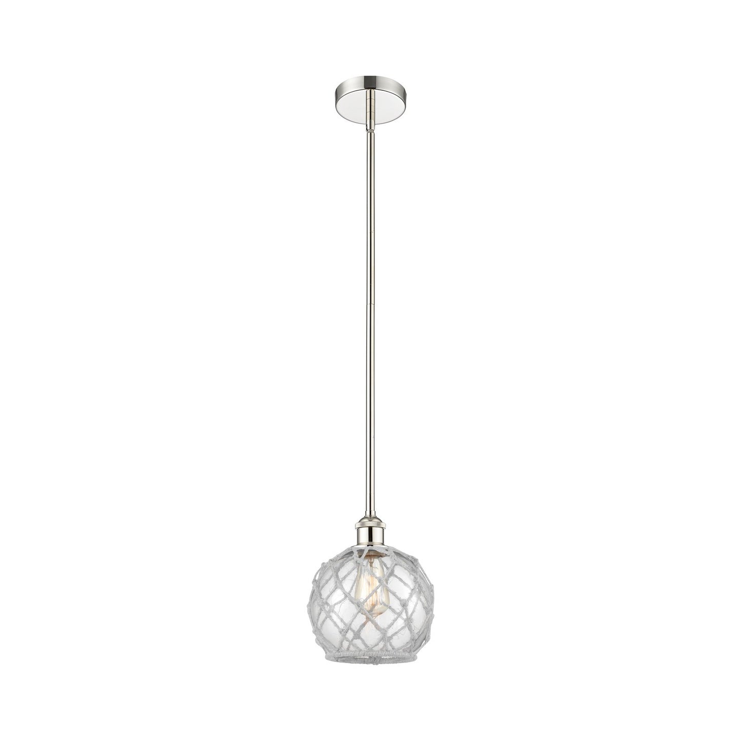 Innovations Farmhouse Rope 8in 1-Light Mini Pendant | Industrial Polished Nickel Steel and Clear Glass with White Rope | Model 616-1S-PN-G122-8RW