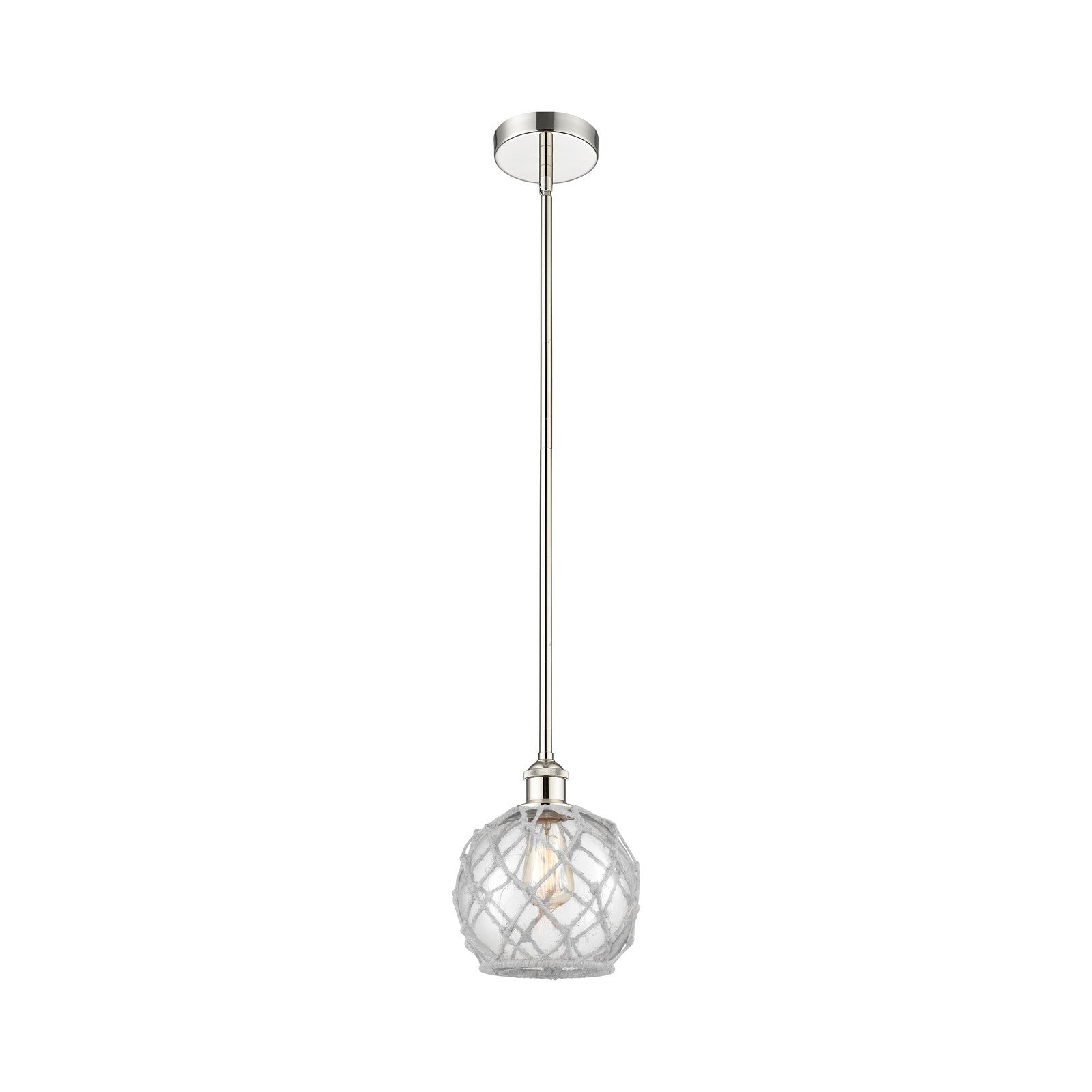 Innovations Farmhouse Rope 8in 1-Light Mini Pendant | Industrial Polished Nickel Steel and Clear Glass with White Rope | Model 616-1S-PN-G122-8RW-LED