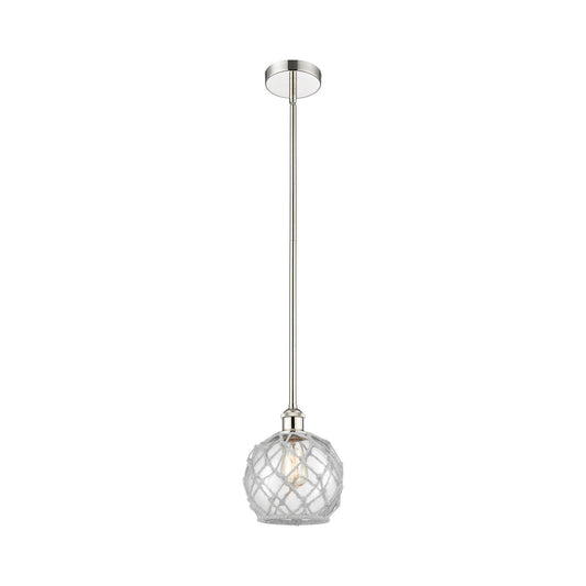 Innovations Farmhouse Rope 8in 1-Light Mini Pendant | Industrial Polished Nickel Steel and Clear Glass with White Rope | Model 616-1S-PN-G122-8RW-LED
