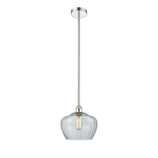 Innovations Fenton 11in 1-Light Mini Pendant | Industrial Polished Nickel Steel and Clear Ribbed Glass | Kitchen Island & Dining | Model 616-1S-PN-G92-L