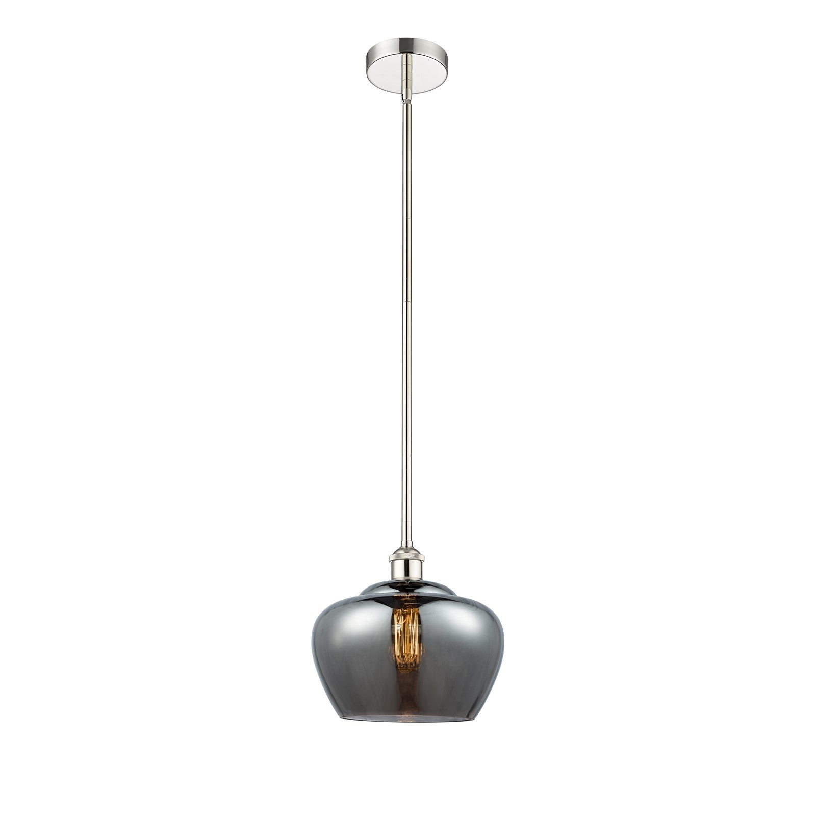Innovations Fenton 11in 1-Light Mini Pendant | Industrial Polished Nickel Steel and Light Smoke Ribbed Glass | Kitchen Island & | Model 616-1S-PN-G93-L