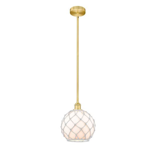 Innovations Farmhouse Rope 10in 1-Light Mini Pendant | Industrial Satin Gold Steel and White Glass with Rope | Kitchen Island | Model 616-1S-SG-G121-10RW