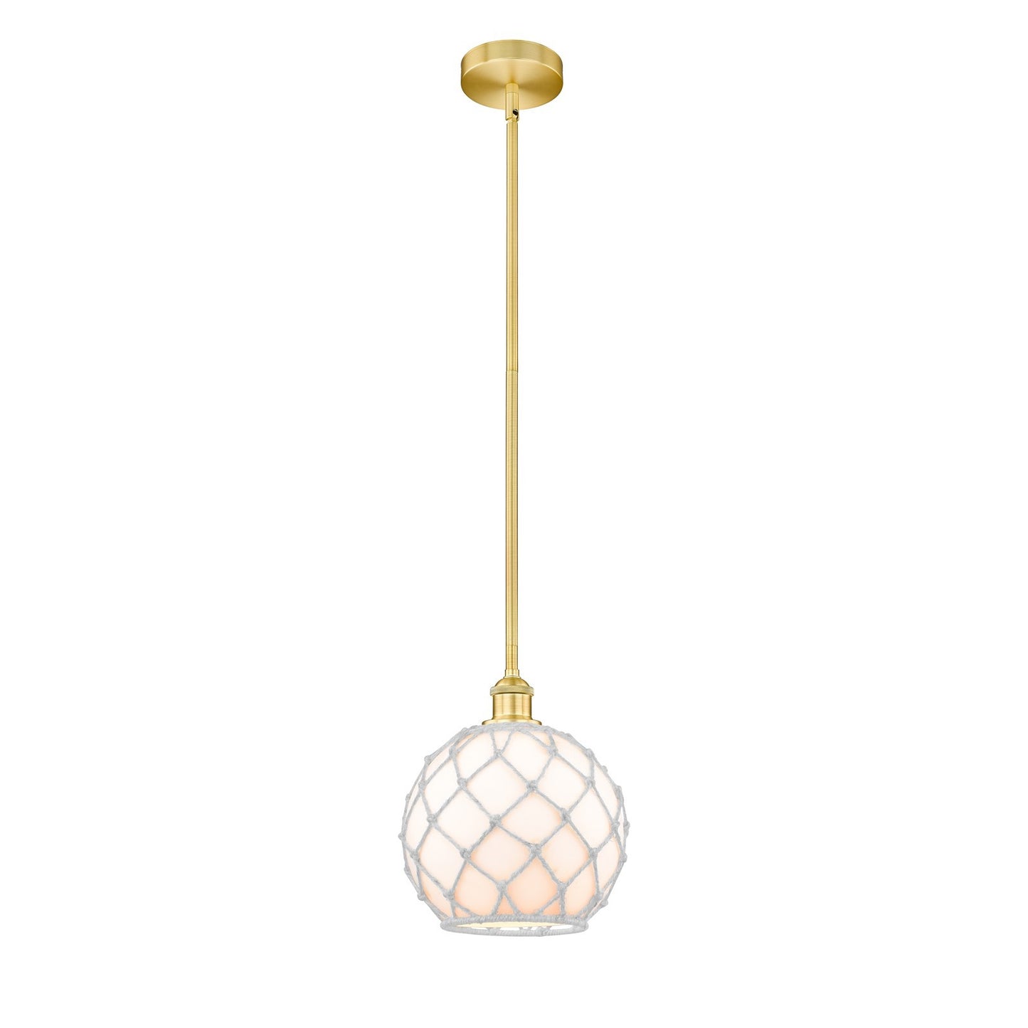 Innovations Farmhouse Rope 10in 1-Light Mini Pendant | Industrial Satin Gold Steel and White Glass Rope Shade | Kitchen | Model 616-1S-SG-G121-10RW-LED
