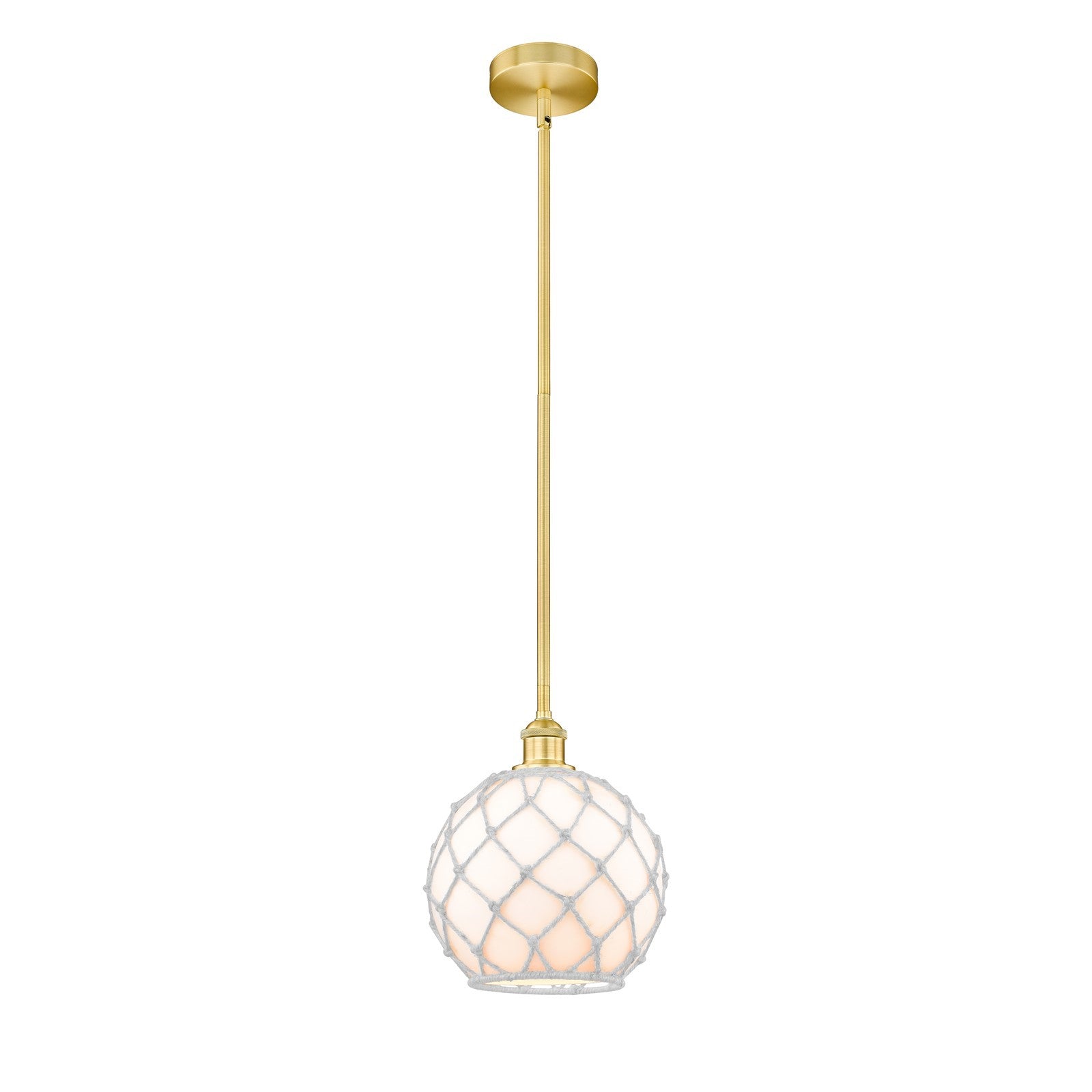 Innovations Farmhouse Rope 10in 1-Light Mini Pendant | Industrial Satin Gold Steel and White Glass Rope Shade | Kitchen | Model 616-1S-SG-G121-10RW-LED