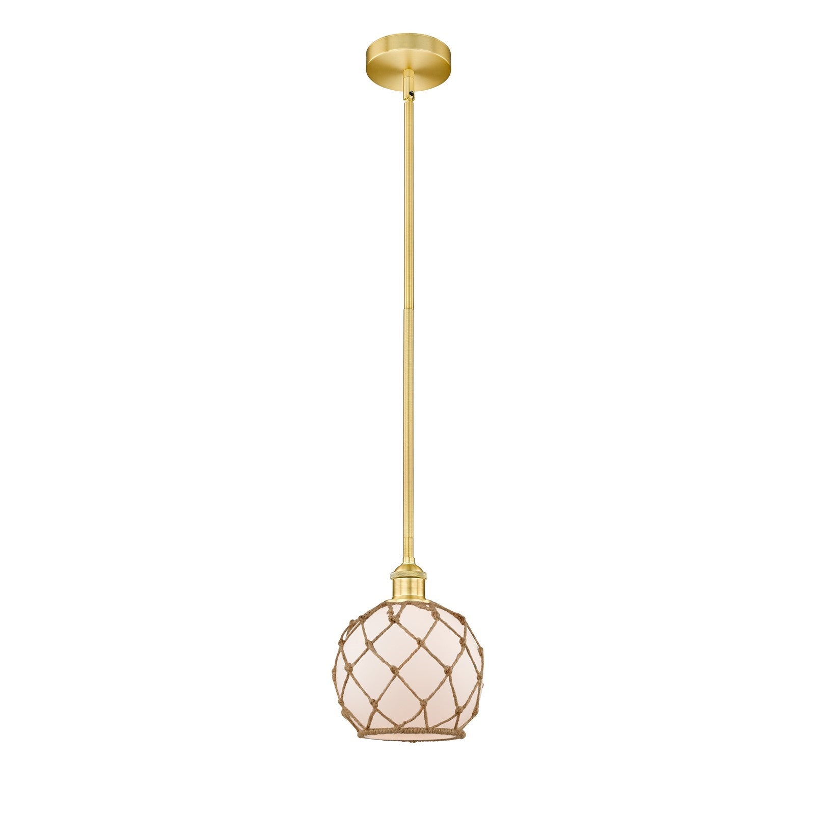 Innovations Farmhouse Rope 8in 1-Light Mini Pendant | Industrial Satin Gold Steel and White Frosted Glass with Brown Rope | Model 616-1S-SG-G121-8RB