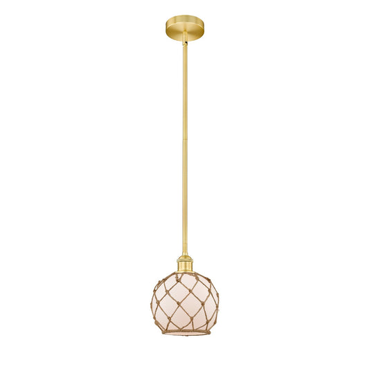Innovations Farmhouse Rope 8in 1-Light Mini Pendant | Industrial Satin Gold Steel and White Frosted Glass with Brown Rope | Model 616-1S-SG-G121-8RB-LED