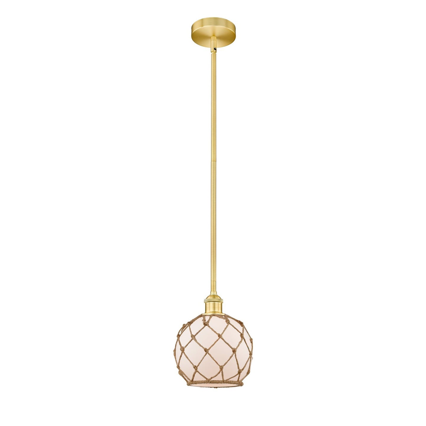 Innovations Farmhouse Rope 8in 1-Light Mini Pendant | Industrial Satin Gold Steel and White Frosted Glass with Brown Rope | Model 616-1S-SG-G121-8RB-LED