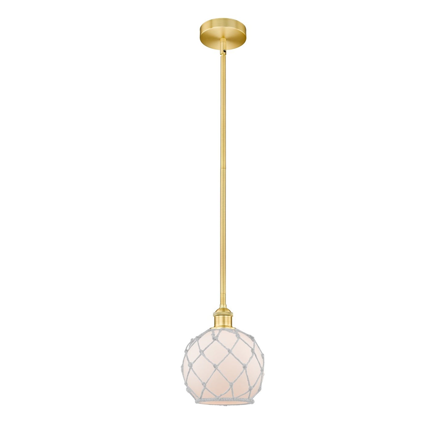 Innovations Farmhouse Rope 8in 1-Light Mini Pendant | Industrial Satin Gold Steel and White Glass with Rope | Kitchen | Model 616-1S-SG-G121-8RW-LED