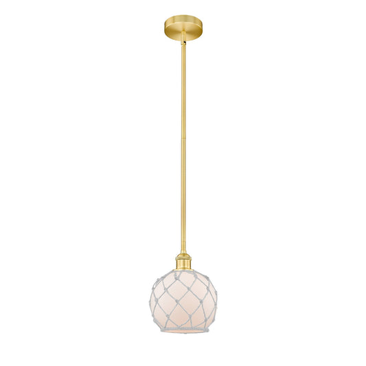 Innovations Farmhouse Rope 8in 1-Light Mini Pendant | Industrial Satin Gold Steel and White Glass with Rope | Kitchen | Model 616-1S-SG-G121-8RW-LED