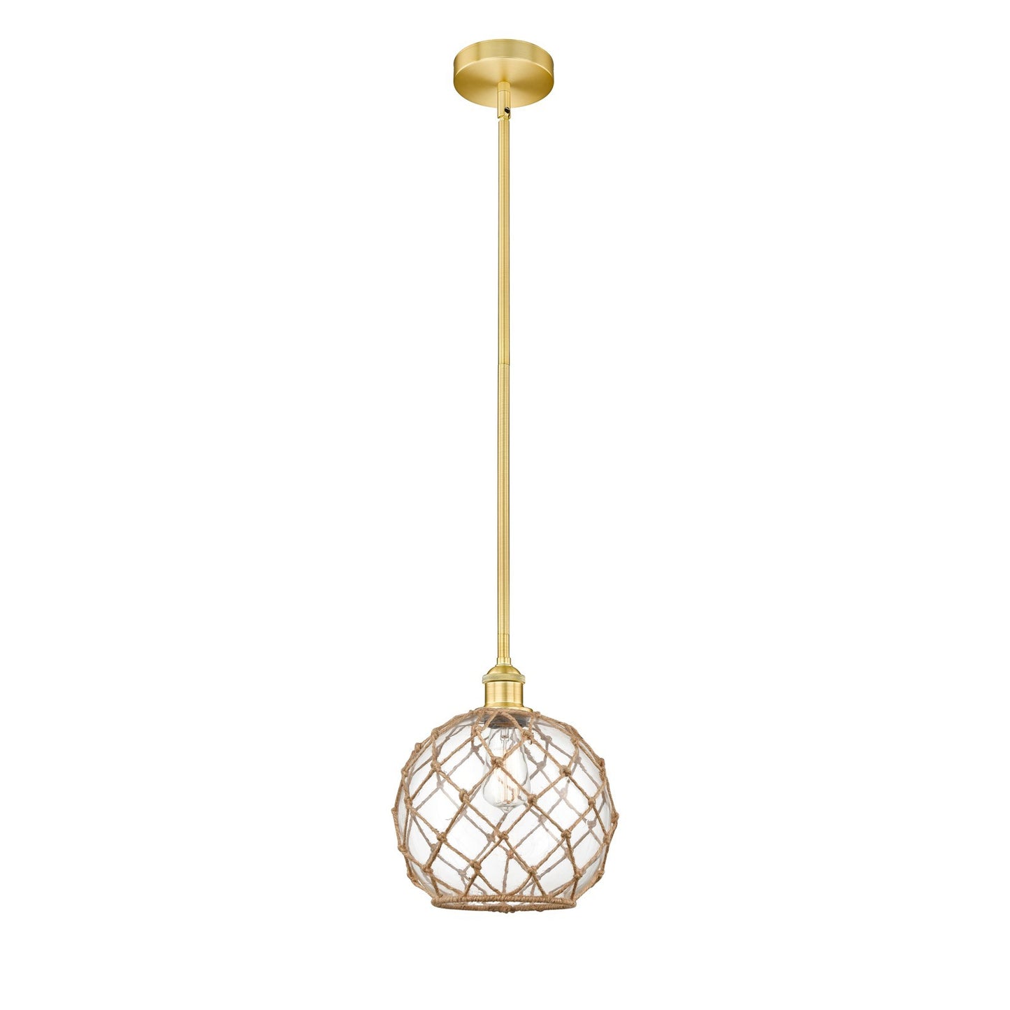 Innovations Farmhouse Rope 10in 1-Light Mini Pendant | Industrial Satin Gold Steel and Clear Glass with Brown Rope | Kitchen | Model 616-1S-SG-G122-10RB