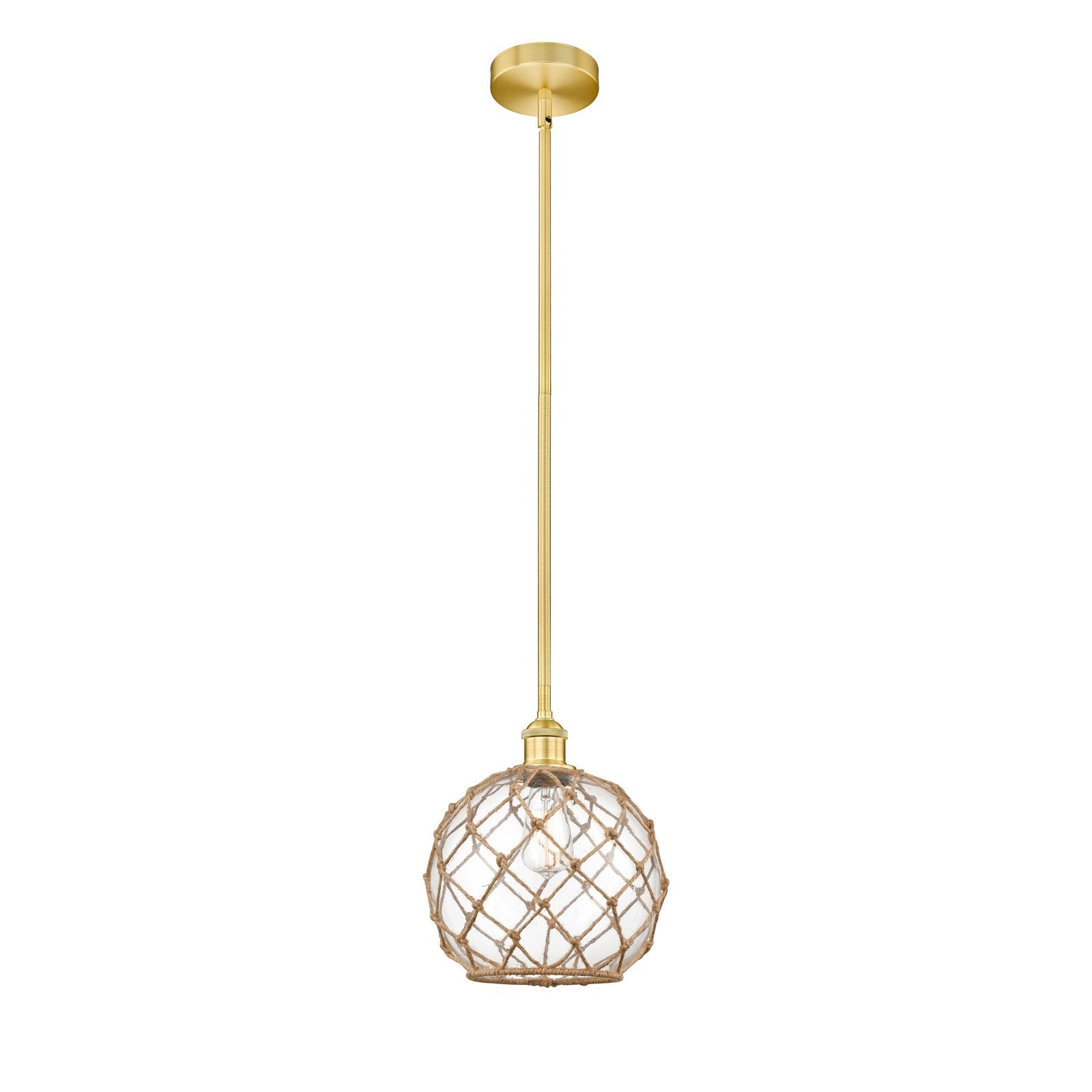 Innovations Farmhouse Rope 10in 1-Light Mini Pendant | Industrial Satin Gold Steel and Clear Glass with Brown Rope | Model 616-1S-SG-G122-10RB-LED