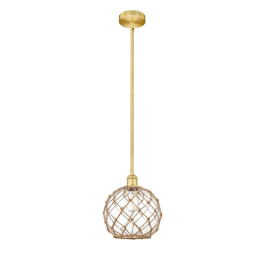 Innovations Farmhouse Rope 10in 1-Light Mini Pendant | Industrial Satin Gold Steel and Clear Glass with Brown Rope | Model 616-1S-SG-G122-10RB-LED