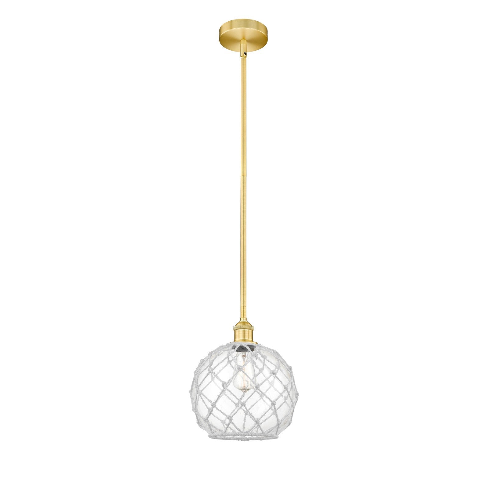 Innovations Farmhouse Rope 10in 1-Light Mini Pendant | Industrial Satin Gold Steel and Clear Glass with White Rope | Kitchen | Model 616-1S-SG-G122-10RW