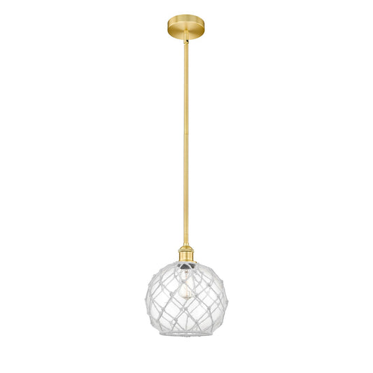 Innovations Farmhouse Rope 10in 1-Light Mini Pendant | Industrial Satin Gold Steel and Clear Glass with White Rope Shade | Model 616-1S-SG-G122-10RW-LED