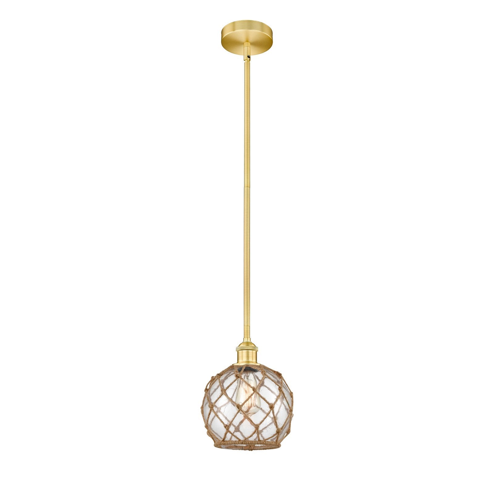 Innovations Farmhouse Rope 8in 1-Light Mini Pendant | Industrial Satin Gold Steel and Clear Glass with Brown Rope | Kitchen | Model 616-1S-SG-G122-8RB