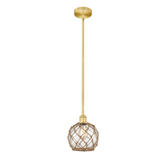 Innovations Farmhouse Rope 8in 1-Light Mini Pendant | Industrial Satin Gold Steel and Clear Glass with Brown Rope Shade | Model 616-1S-SG-G122-8RB-LED