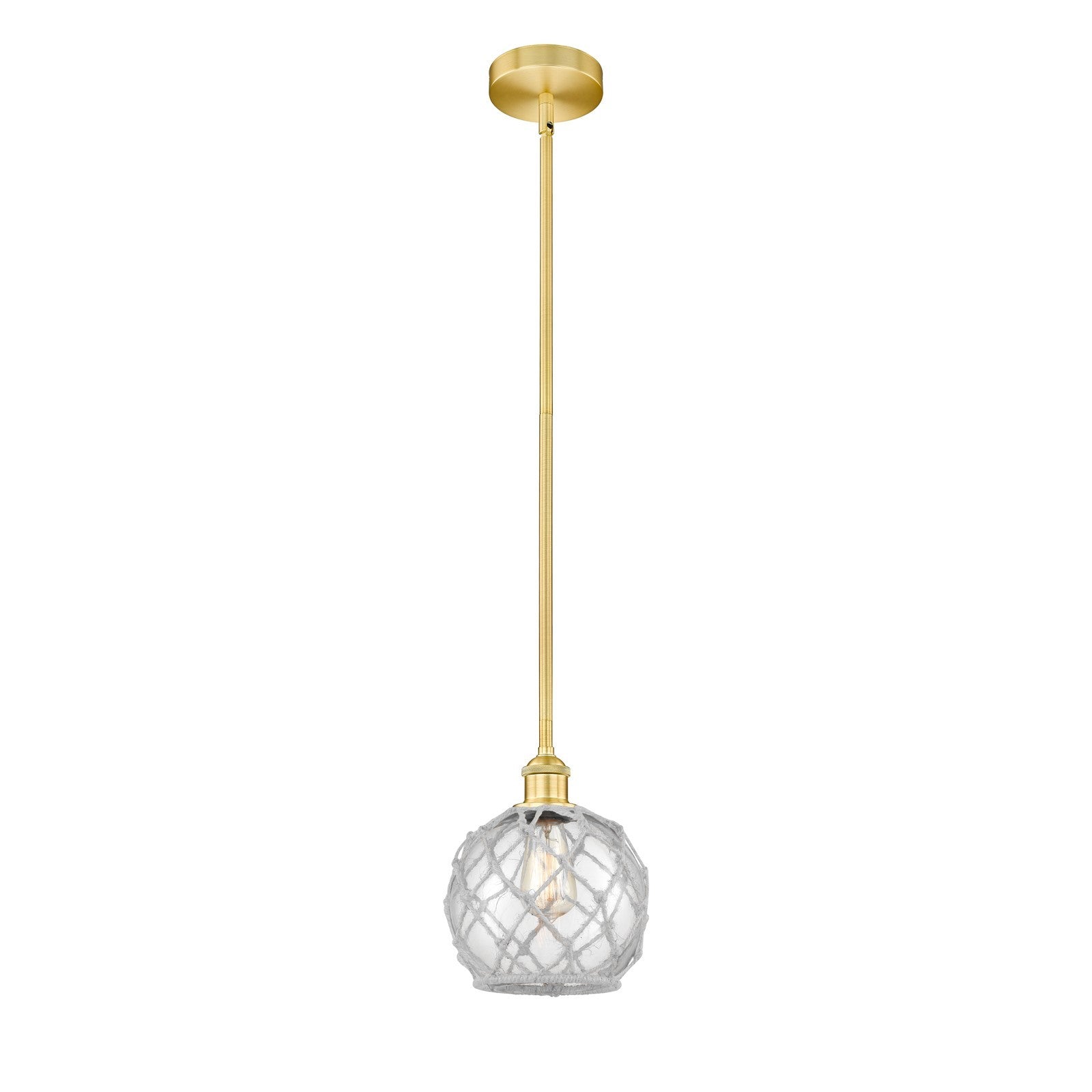 Innovations Farmhouse Rope 8in 1-Light Mini Pendant | Industrial Satin Gold Steel and Clear Glass with White Rope | Kitchen | Model 616-1S-SG-G122-8RW