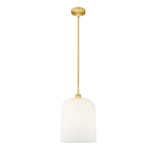 Innovations Bridal Veil 5in 1-Light Mini Pendant | Art Nouveau Satin Gold Steel and Gloss White Ribbed Glass | Kitchen Island | Model 616-1S-SG-G559-12GWH
