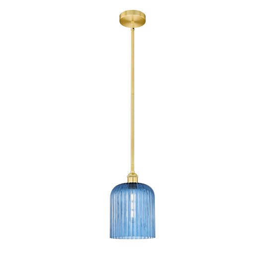 Innovations Bridal Veil 5in 1-Light Mini Pendant | Art Nouveau Satin Gold Steel and Princess Blue Ribbed Glass | Kitchen Island | Model 616-1S-SG-G559-8BL