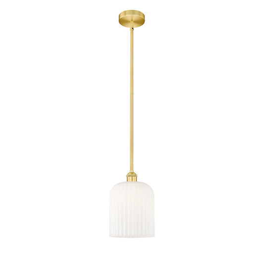 Innovations Bridal Veil 5in 1-Light Mini Pendant | Art Nouveau Satin Gold Steel and Gloss White Ribbed Glass | Kitchen Island | Model 616-1S-SG-G559-8GWH