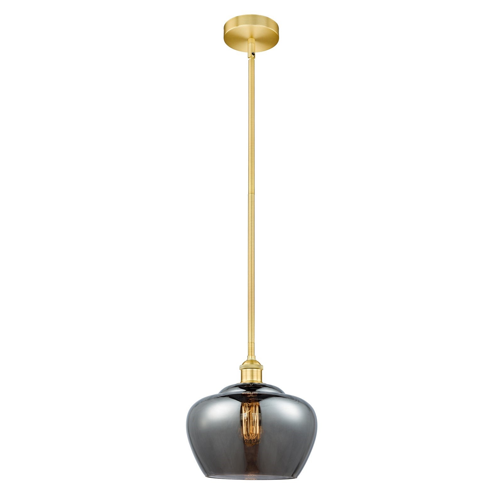 Innovations Fenton 11in 1-Light Mini Pendant | Industrial Satin Gold Steel and Light Smoke Ribbed Glass | Kitchen Island & | Model 616-1S-SG-G93-L-LED