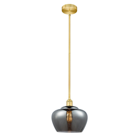 Innovations Fenton 11in 1-Light Mini Pendant | Industrial Satin Gold Steel and Light Smoke Ribbed Glass | Kitchen Island & | Model 616-1S-SG-G93-L-LED