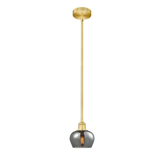 Innovations Fenton 7in 1-Light Mini Pendant | Art Nouveau Satin Gold Steel and Light Smoke Ribbed Glass | Kitchen Island & | Model 616-1S-SG-G93-LED