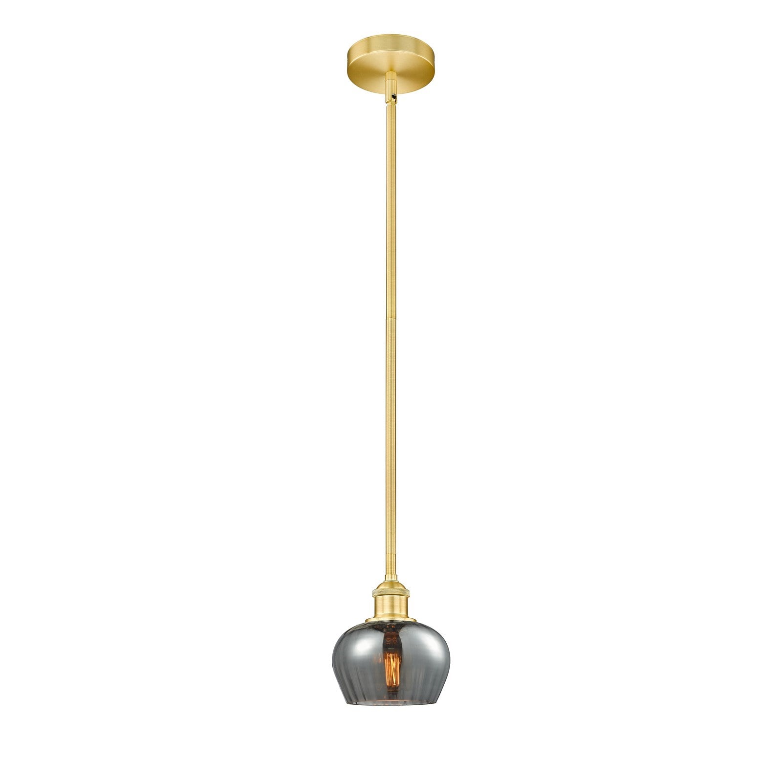 Innovations Fenton 7in 1-Light Mini Pendant | Art Nouveau Satin Gold Steel and Light Smoke Ribbed Glass | Kitchen Island & | Model 616-1S-SG-G93-LED