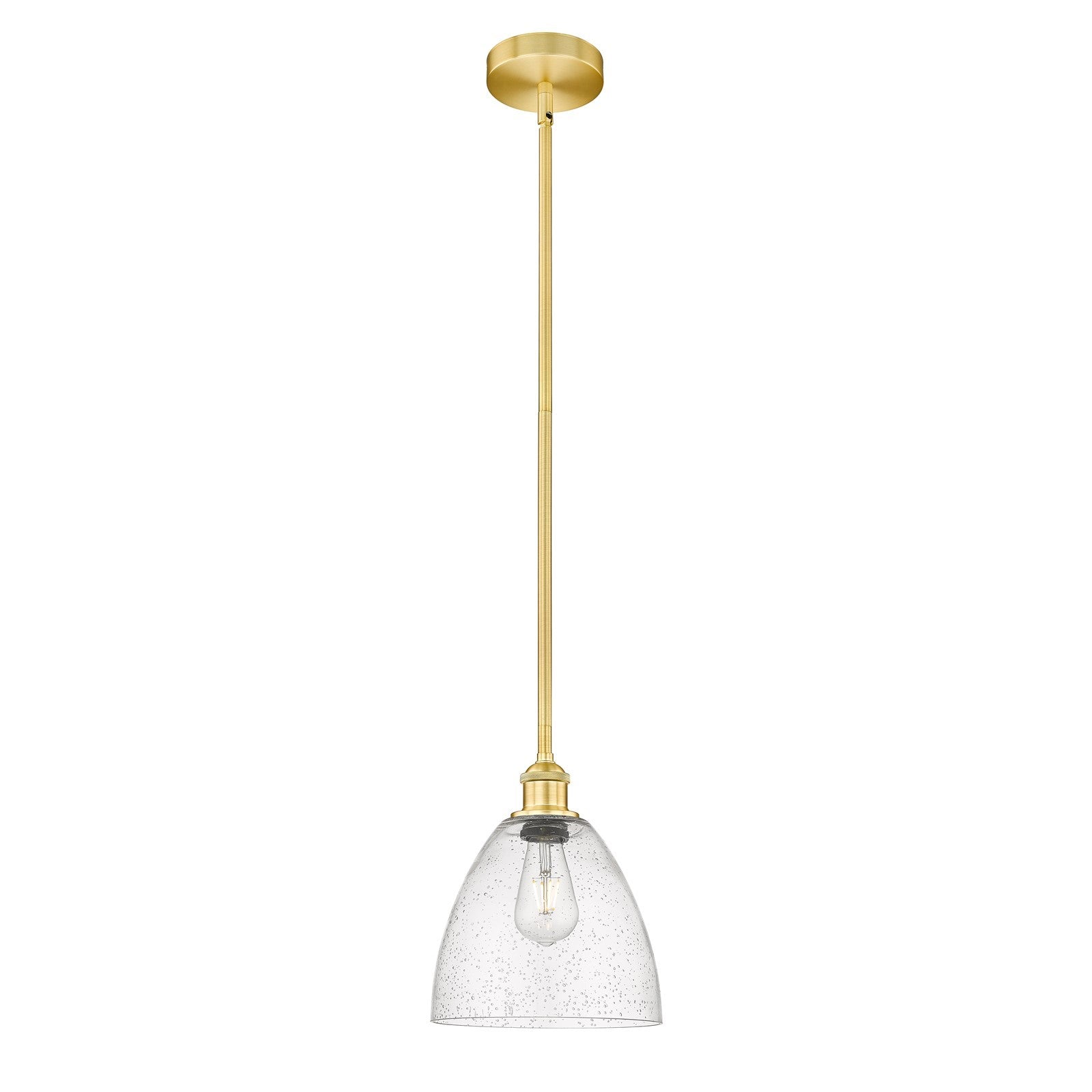 Innovations Bristol 9in 1-Light Mini Pendant | Industrial Satin Gold Steel and Seedy Glass | Kitchen Island & Dining Room | 9 | Model 616-1S-SG-GBD-94-LED