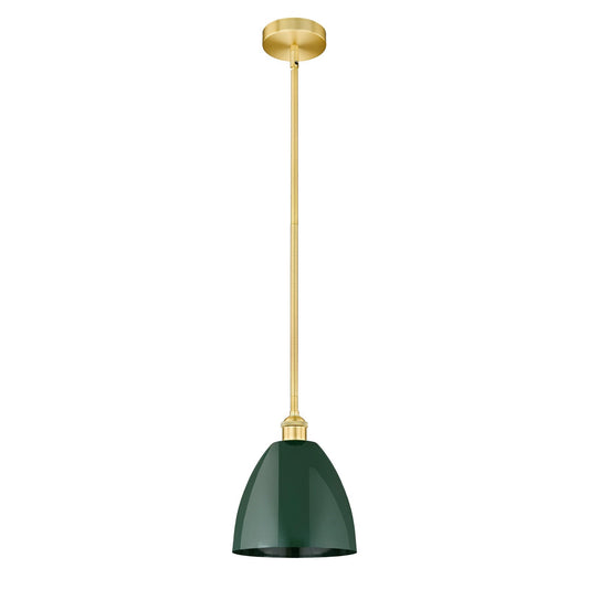 Innovations Plymouth 9in 1-Light Mini Pendant | Industrial Satin Gold Steel and Cast Brass with Matte Green Metal Shade | Model 616-1S-SG-MBD-9-GR-LED