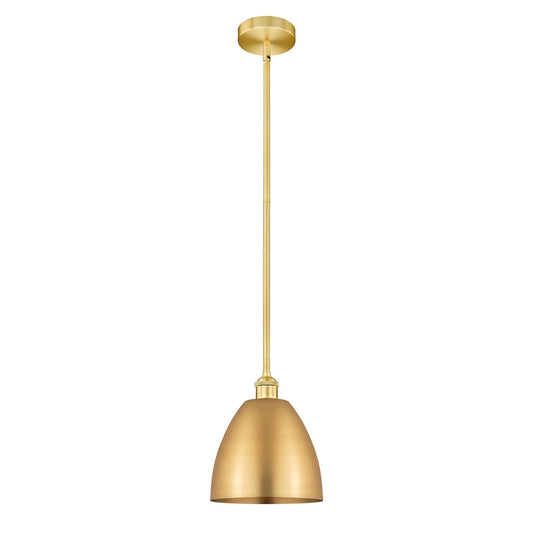Innovations Bristol 9in 1-Light Mini Pendant | Industrial Farmhouse Satin Gold Steel and Cast Brass with Satin Gold Metal Shade | Model 616-1S-SG-MBD-9-SG