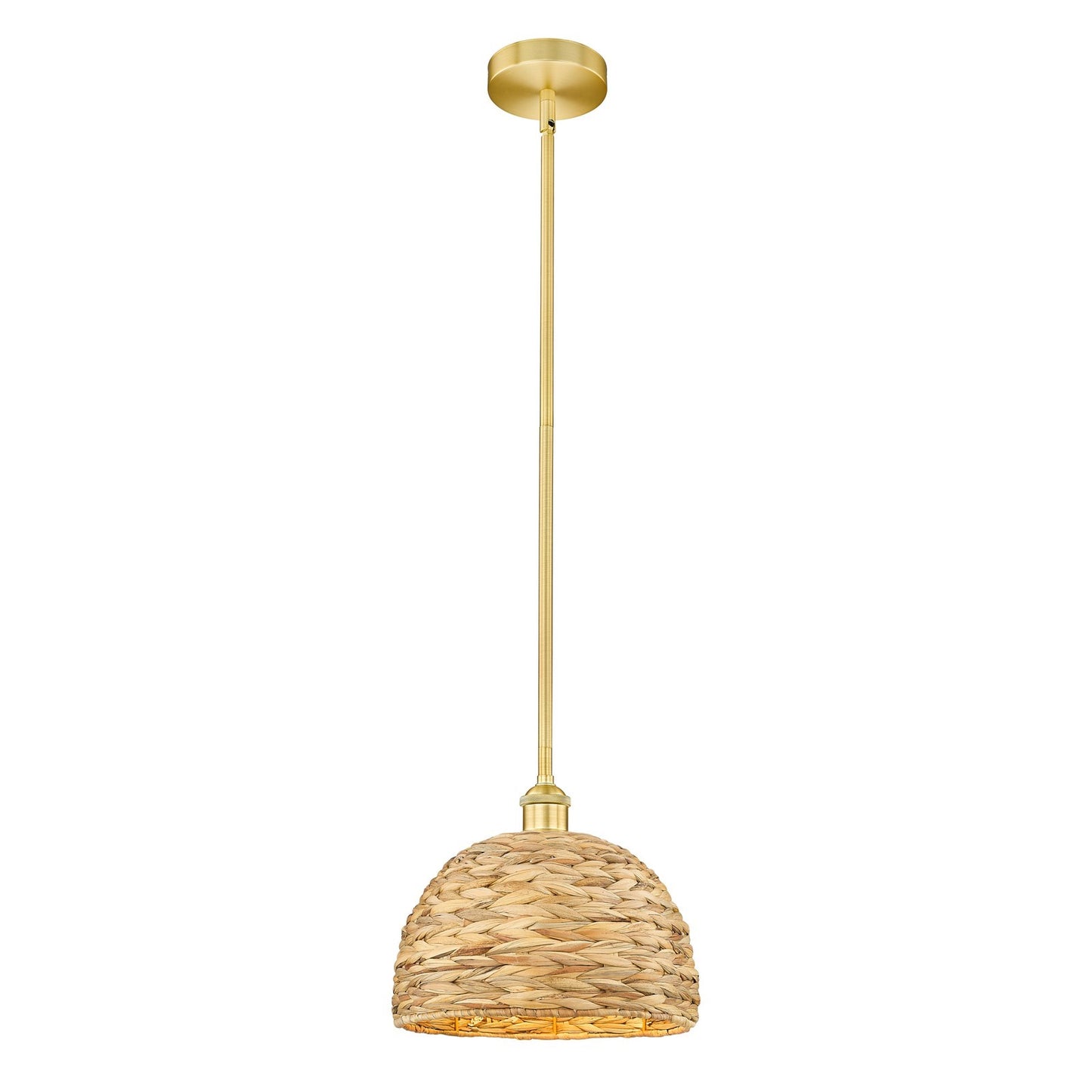Innovations Woven Rattan 12in 1-Light Mini Pendant | Industrial Satin Gold Steel and Natural Fiber Dome Shade | Kitchen | Model 616-1S-SG-RBD-12-NAT
