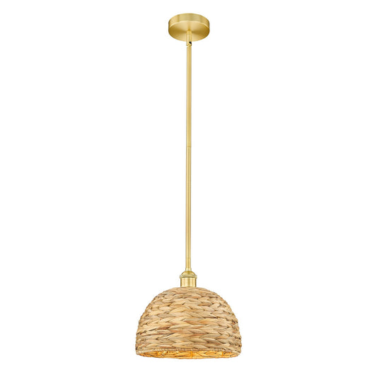 Innovations Woven Rattan 12in 1-Light Mini Pendant | Industrial Satin Gold Steel and Natural Fiber Dome Shade | Kitchen | Model 616-1S-SG-RBD-12-NAT