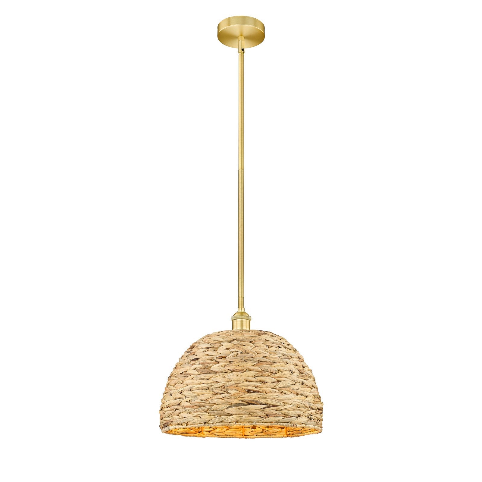 Innovations Woven Rattan 16in 1-Light Mini Pendant | Industrial Satin Gold Steel and Natural Fiber Dome Shade | Kitchen | Model 616-1S-SG-RBD-16-NAT