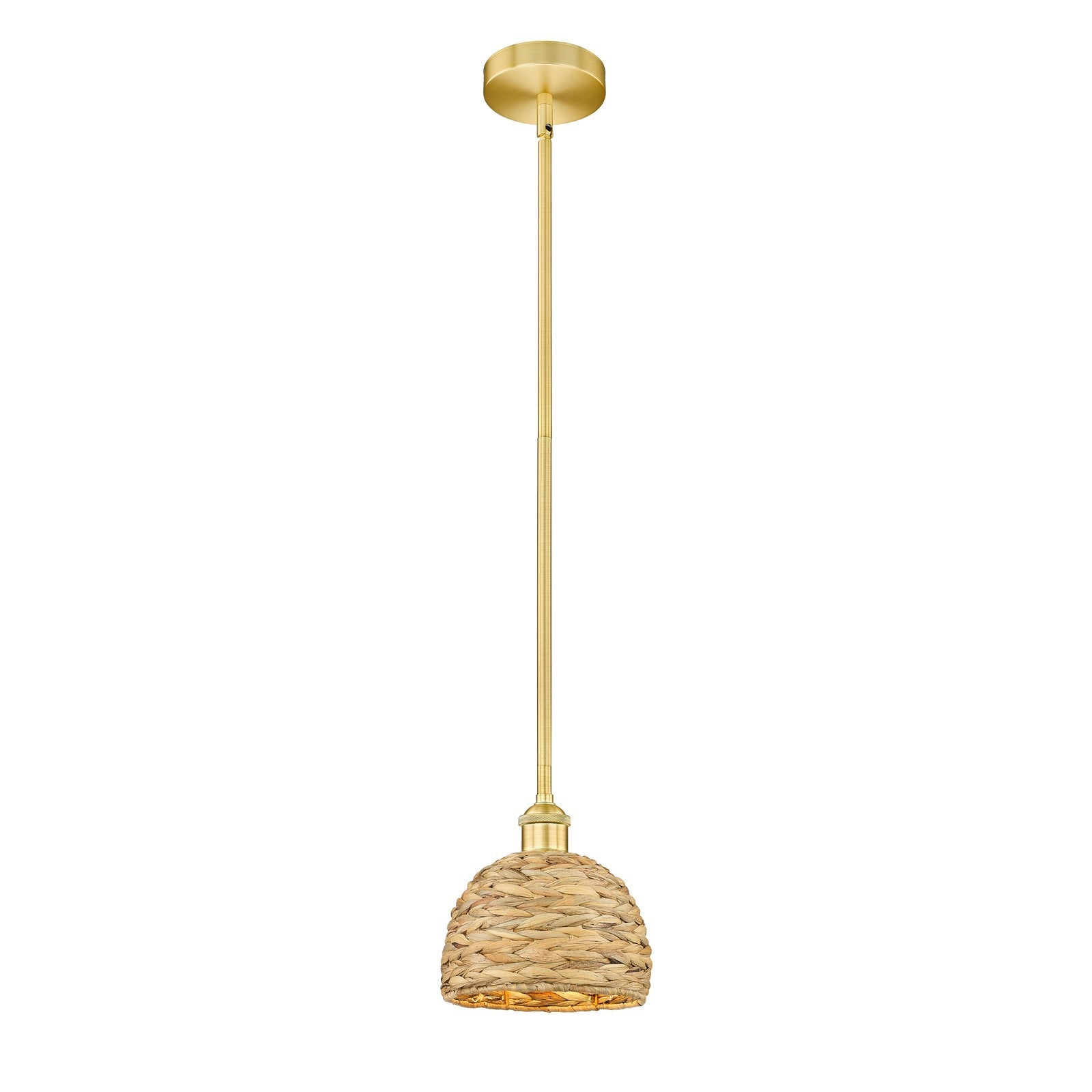 Innovations Edison 8in 1-Light Mini Pendant | Rustic Satin Gold Steel and Natural Woven Rattan Shade | Kitchen Island & Dining | Model 616-1S-SG-RBD-8-NAT
