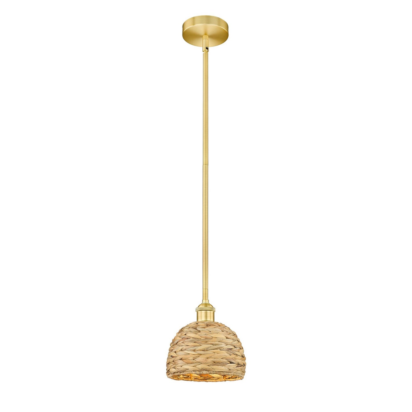 Innovations Edison 8in 1-Light Mini Pendant | Rustic Satin Gold Steel and Natural Woven Rattan Shade | Kitchen Island & Dining | Model 616-1S-SG-RBD-8-NAT