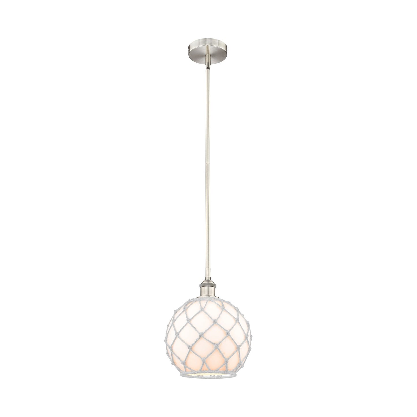 Innovations Farmhouse Rope 10in 1-Light Mini Pendant | Industrial Brushed Satin Nickel Steel and White Glass with Rope | Model 616-1S-SN-G121-10RW-LED