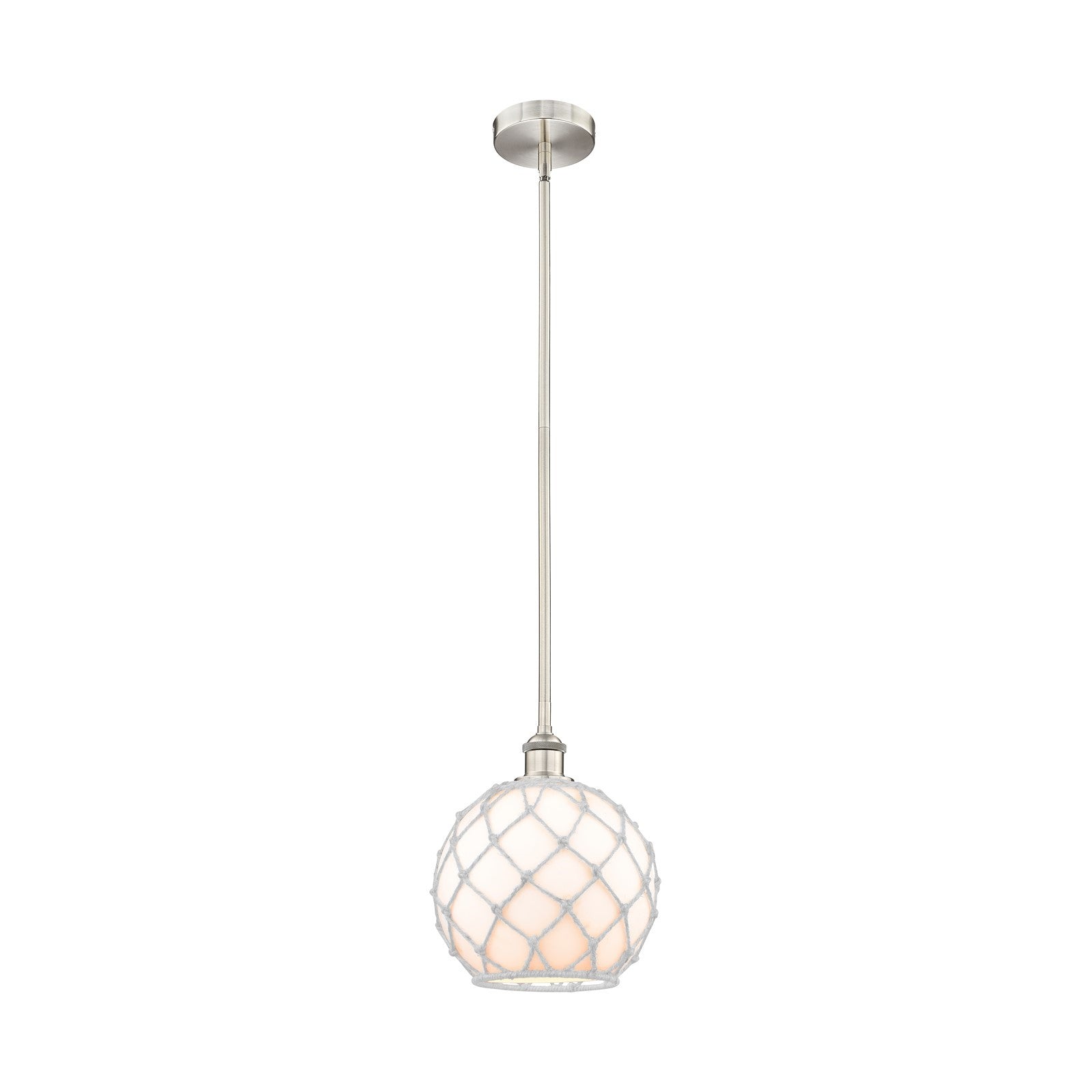 Innovations Farmhouse Rope 10in 1-Light Mini Pendant | Industrial Brushed Satin Nickel Steel and White Glass with Rope | Model 616-1S-SN-G121-10RW-LED