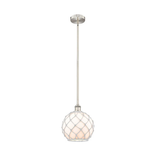 Innovations Farmhouse Rope 10in 1-Light Mini Pendant | Industrial Brushed Satin Nickel Steel and White Glass with Rope | Model 616-1S-SN-G121-10RW-LED
