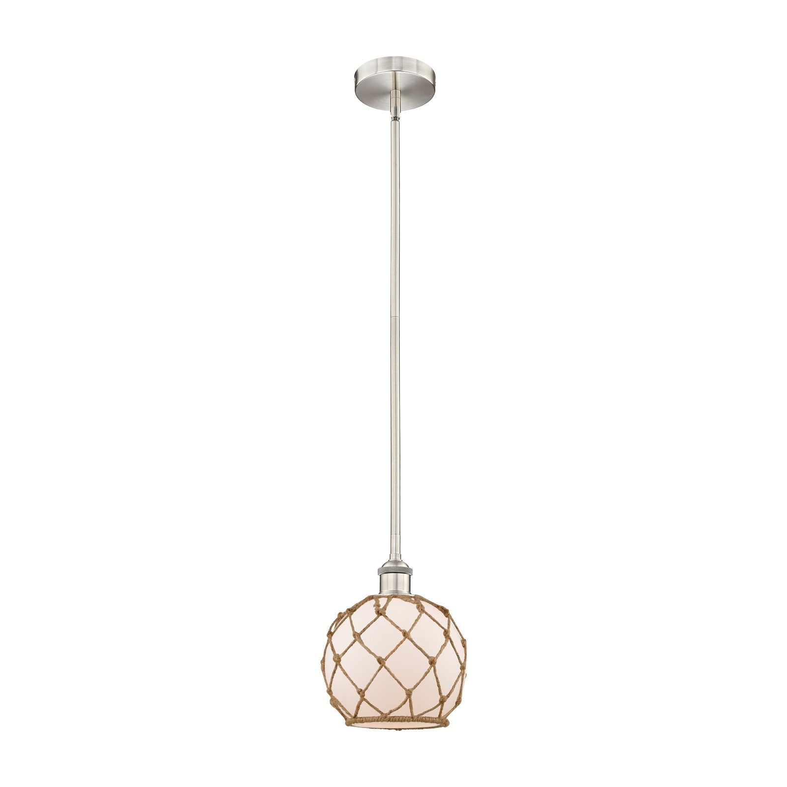 Innovations Farmhouse Rope 8in 1-Light Mini Pendant | Industrial Brushed Satin Nickel and White Glass with Brown Rope | Kitchen | Model 616-1S-SN-G121-8RB