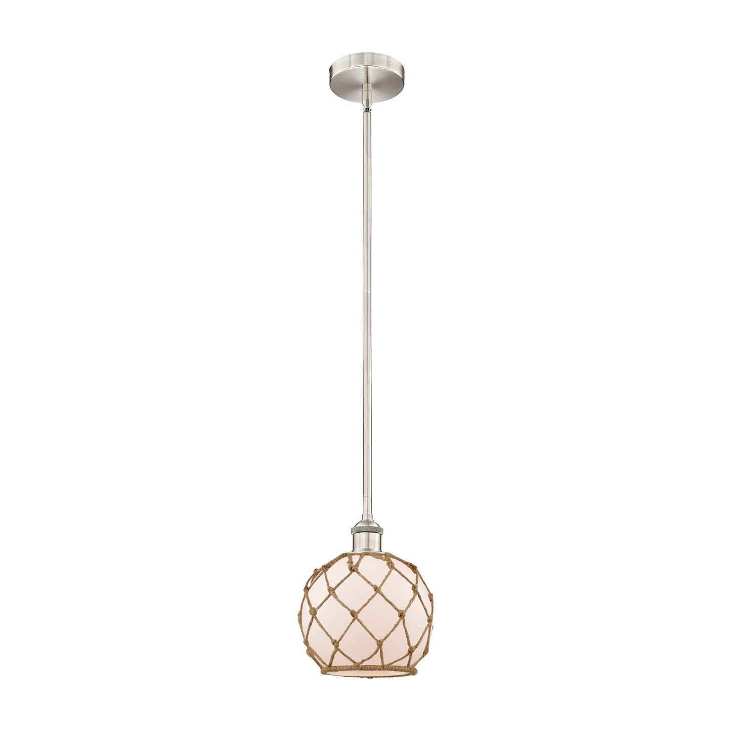 Innovations Farmhouse Rope 8in 1-Light Mini Pendant | Industrial Brushed Satin Nickel and White Glass with Brown Rope | Kitchen | Model 616-1S-SN-G121-8RB
