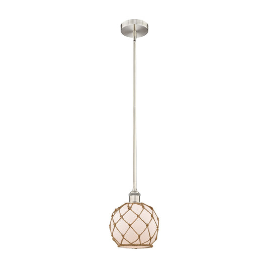 Innovations Farmhouse Rope 8in 1-Light Mini Pendant | Industrial Brushed Satin Nickel Steel and White Frosted Glass with | Model 616-1S-SN-G121-8RB-LED