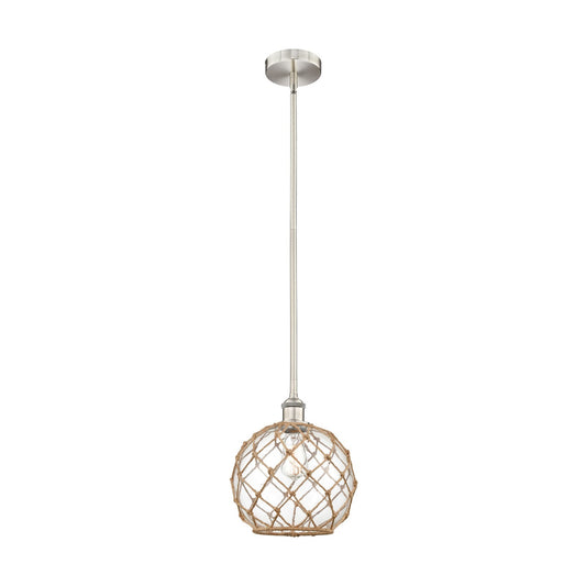 Innovations Farmhouse Rope 10in 1-Light Mini Pendant | Industrial Brushed Satin Nickel and Clear Glass with Brown Rope | Model 616-1S-SN-G122-10RB