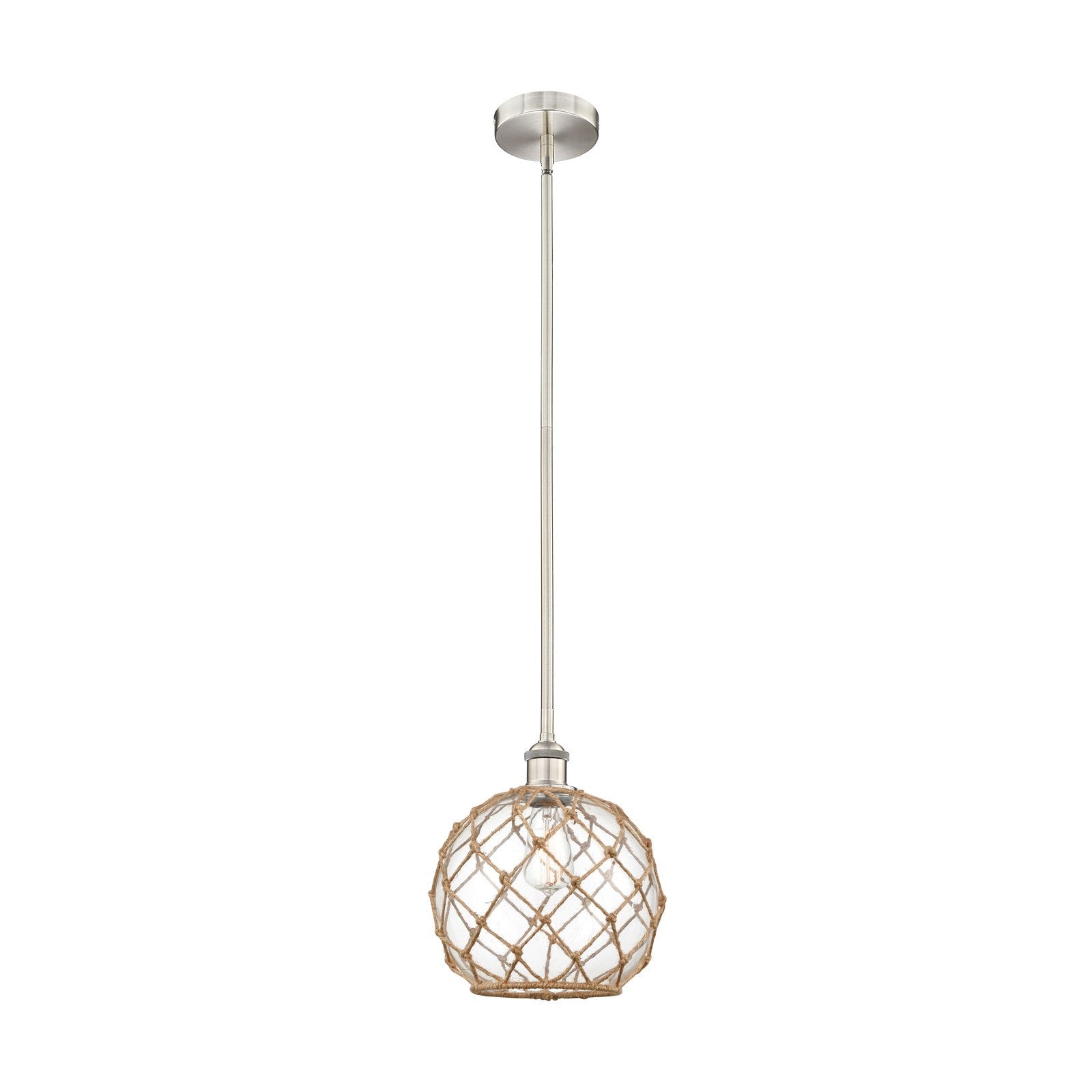 Innovations Farmhouse Rope 10in 1-Light Mini Pendant | Industrial Brushed Satin Nickel Steel and Clear Glass with Brown | Model 616-1S-SN-G122-10RB-LED