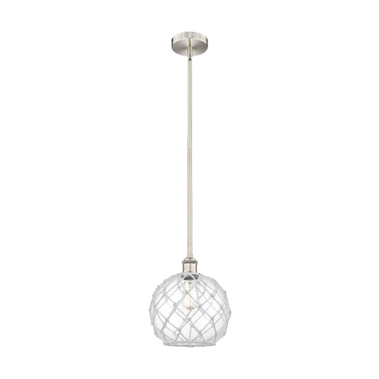 Innovations Farmhouse Rope 10in 1-Light Mini Pendant | Industrial Brushed Satin Nickel Steel and Clear Glass with White | Model 616-1S-SN-G122-10RW-LED