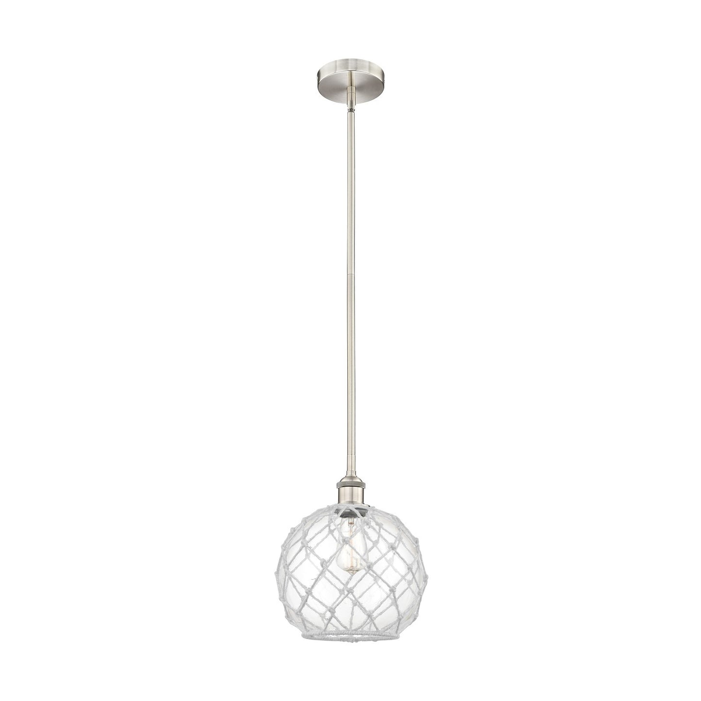 Innovations Farmhouse Rope 10in 1-Light Mini Pendant | Industrial Brushed Satin Nickel Steel and Clear Glass with White | Model 616-1S-SN-G122-10RW-LED