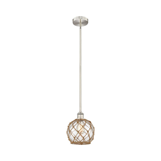 Innovations Farmhouse Rope 8in 1-Light Mini Pendant | Industrial Brushed Satin Nickel and Clear Glass with Brown Rope | Kitchen | Model 616-1S-SN-G122-8RB
